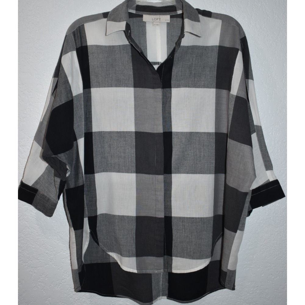 LOFT Mp Button Front Shirt Plaid‎ Checked Dolman Short Sleeve 100% COTTON Boxy